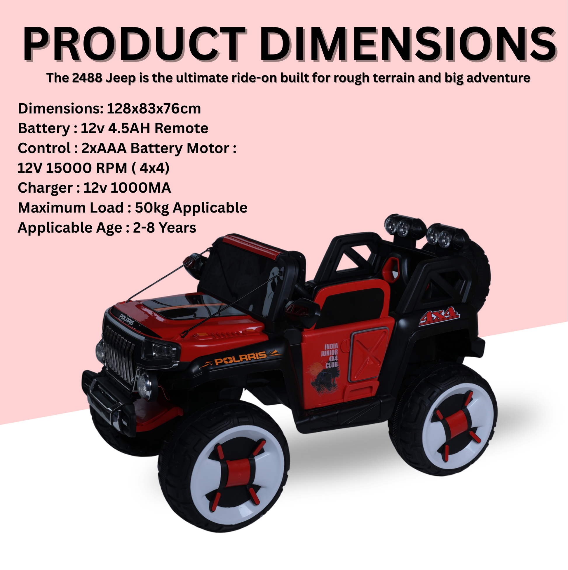 Keppz Polaris 4x4 Kids Ride-On Jeep with LED Lights, Music, and Rechargeable Battery. - Keppz