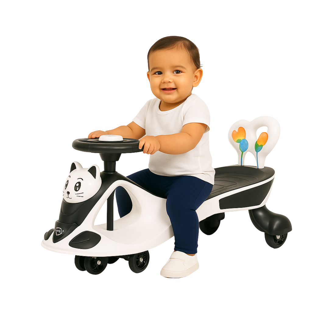 Keppz Kitty Twist & Swing Car Ride-On for Kids Push and Pedal-Free Ride with Steering Wheel. - Keppz