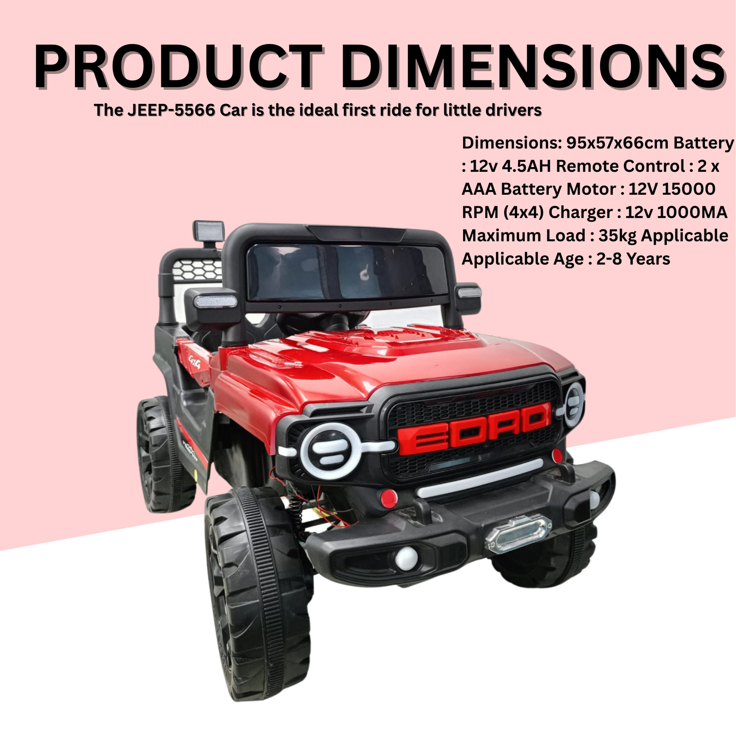 Keppz Red EORD Electric Ride-On Jeep for Kids  Dual Motor, LED Lights, Music System. - Keppz