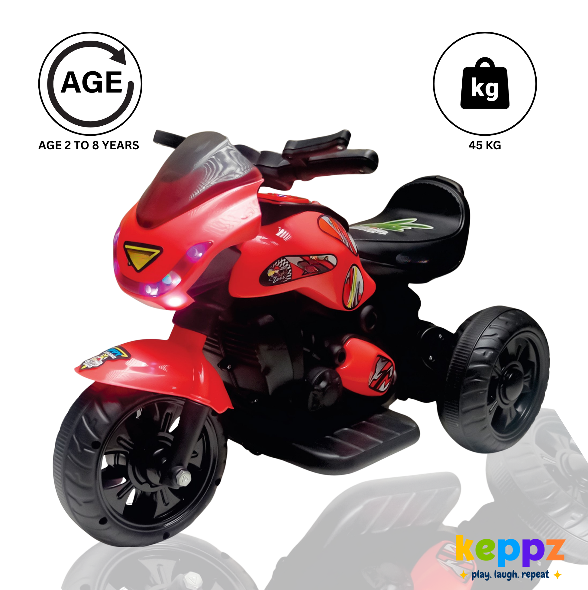 Keppz Electric Cartoon Ride-On Bike for Kids  Red with Music, Lights & Stickers. - Keppz