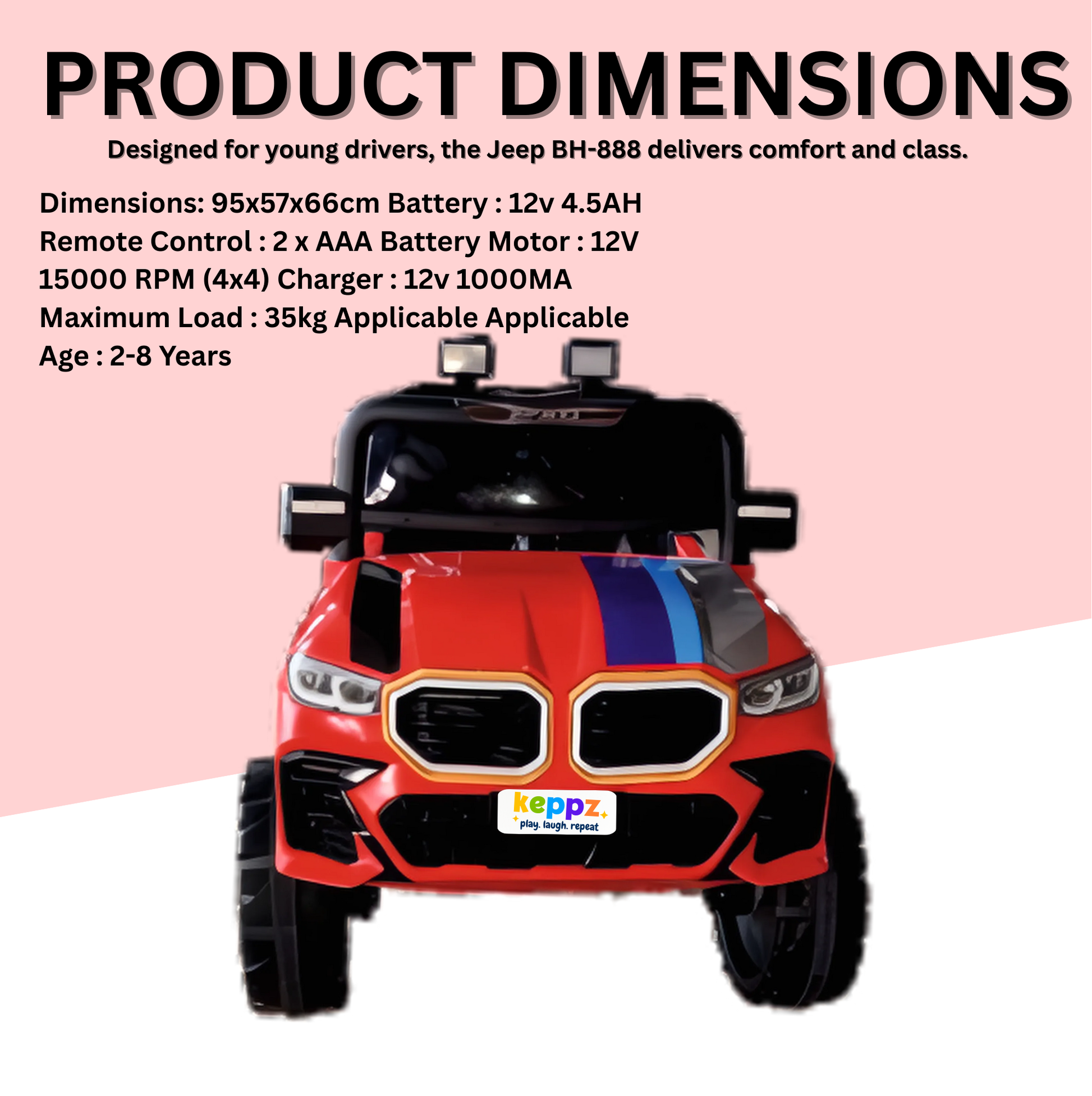Keppz GX4 4x4 Kids Ride-On Jeep with Parental Remote, LED Lights, and Rechargeable Battery. - Keppz