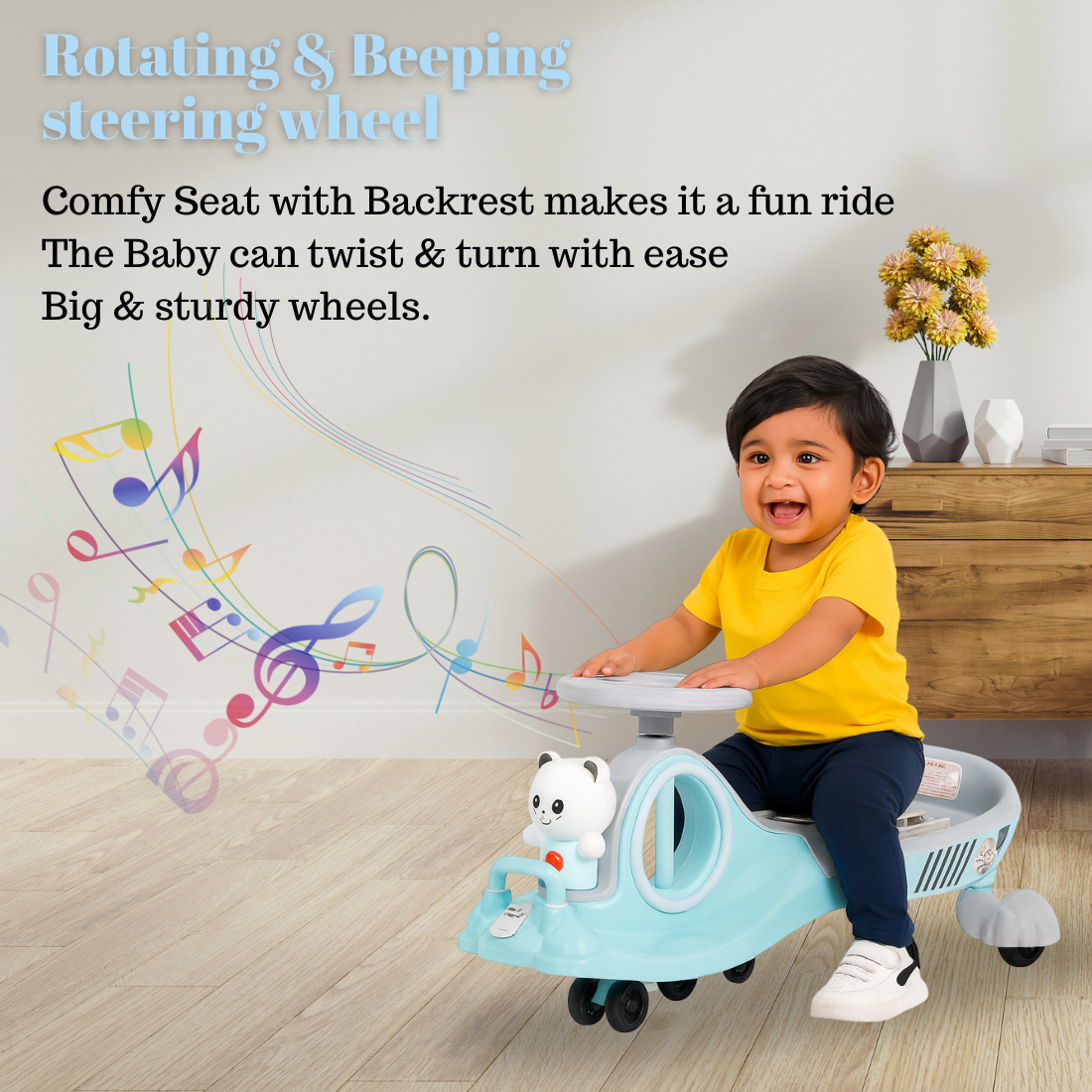 Keppz Musical Twist & Swing Car Ride-On for Kids Push and Pedal-Free Ride with Steering Wheel.