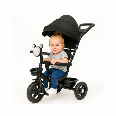 Keppz 4-in-1 Baby Tricycle with Headlight, Canopy, Safety Harness, and Push Handle.