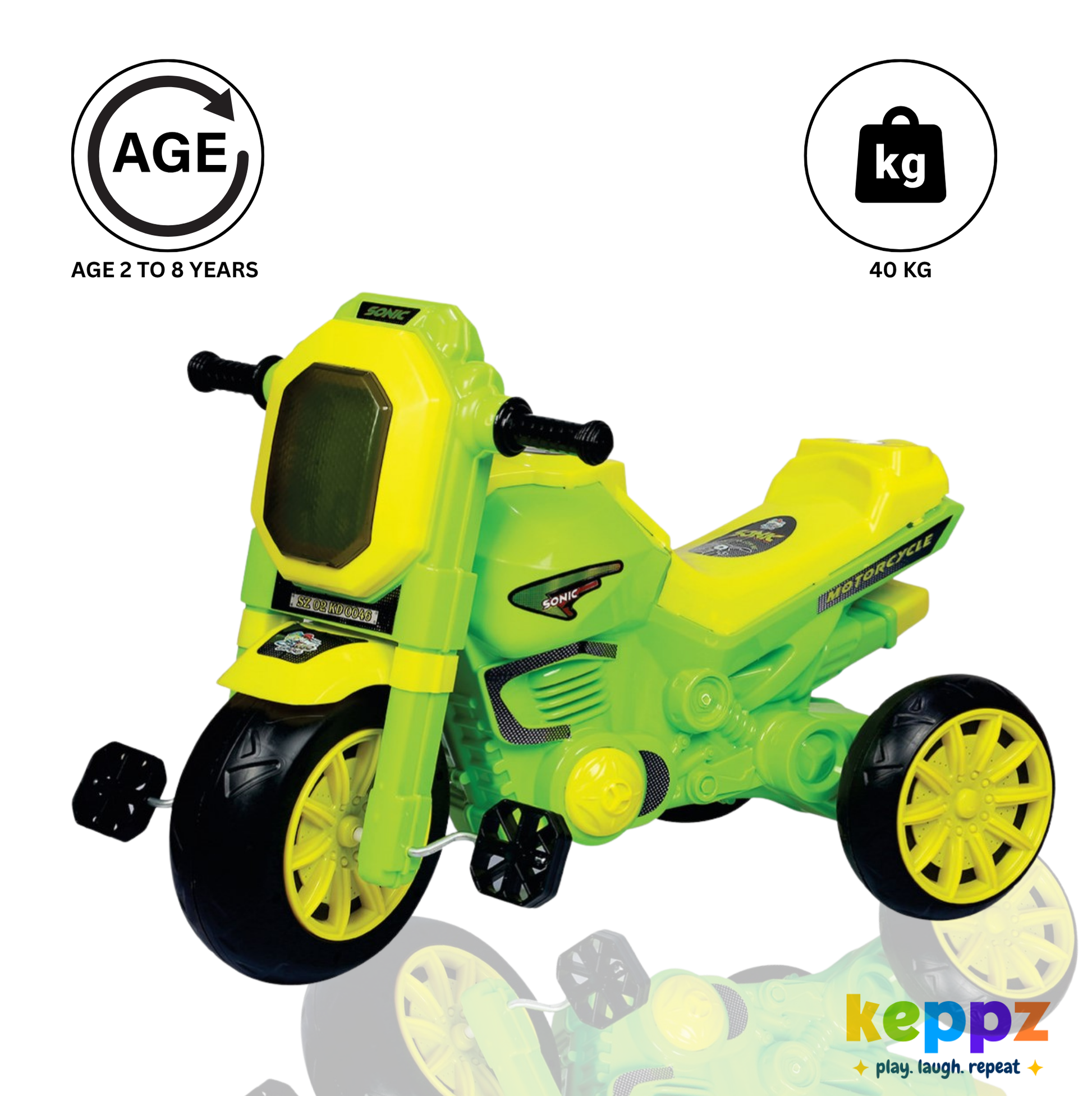 Keppz Sonic Style Ride-On Motorcycle Tricycle with Pedals for Kids. - Keppz