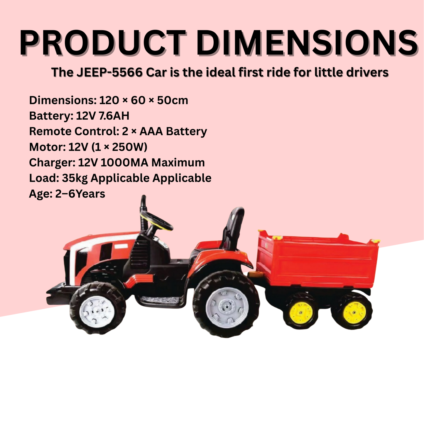 Keppz Kids Ride-On Tractor with Detachable Trailer, Steering Wheel, and Pedal Control. - Keppz