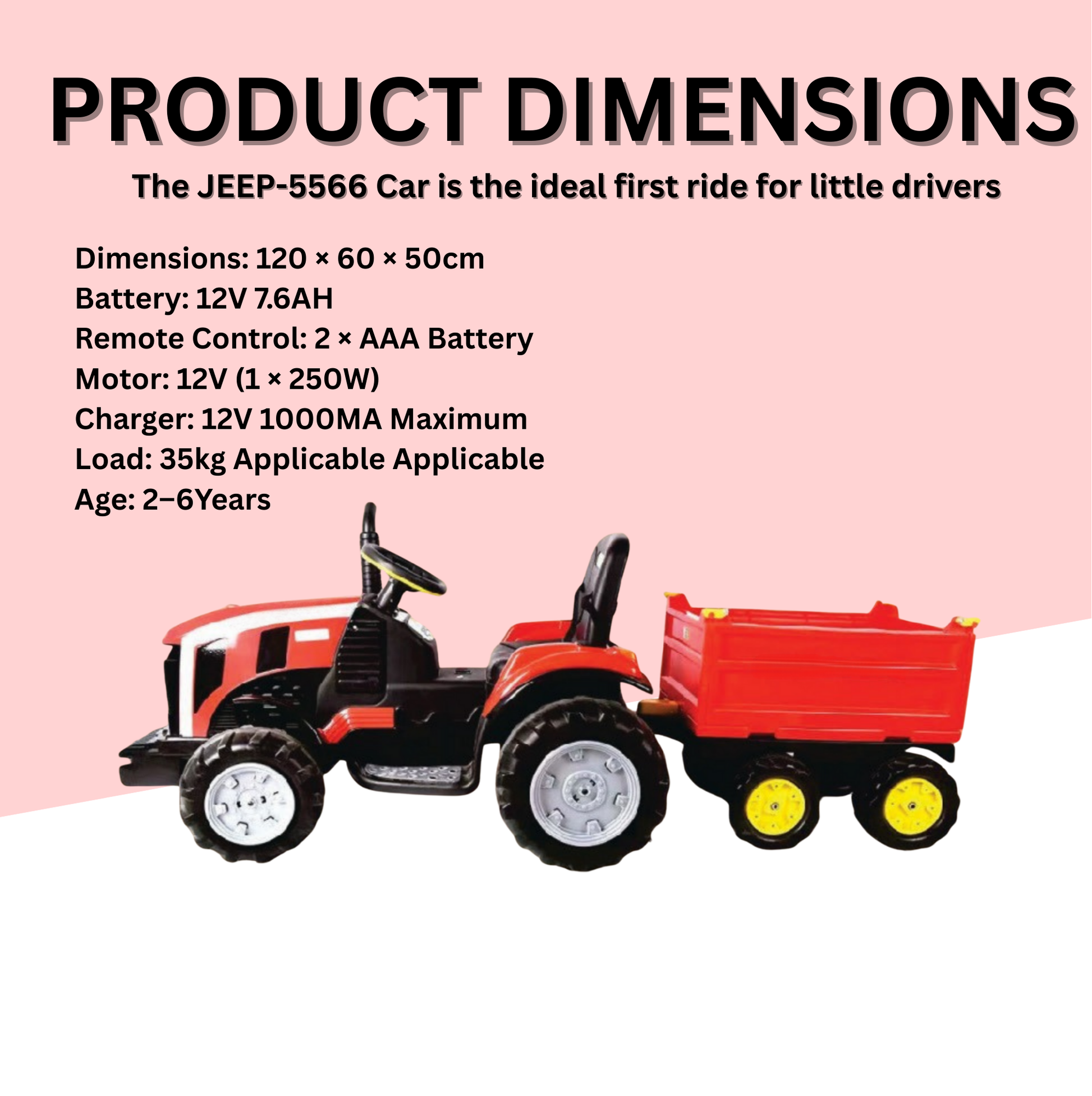 Keppz Kids Ride-On Tractor with Detachable Trailer, Steering Wheel, and Pedal Control. - Keppz