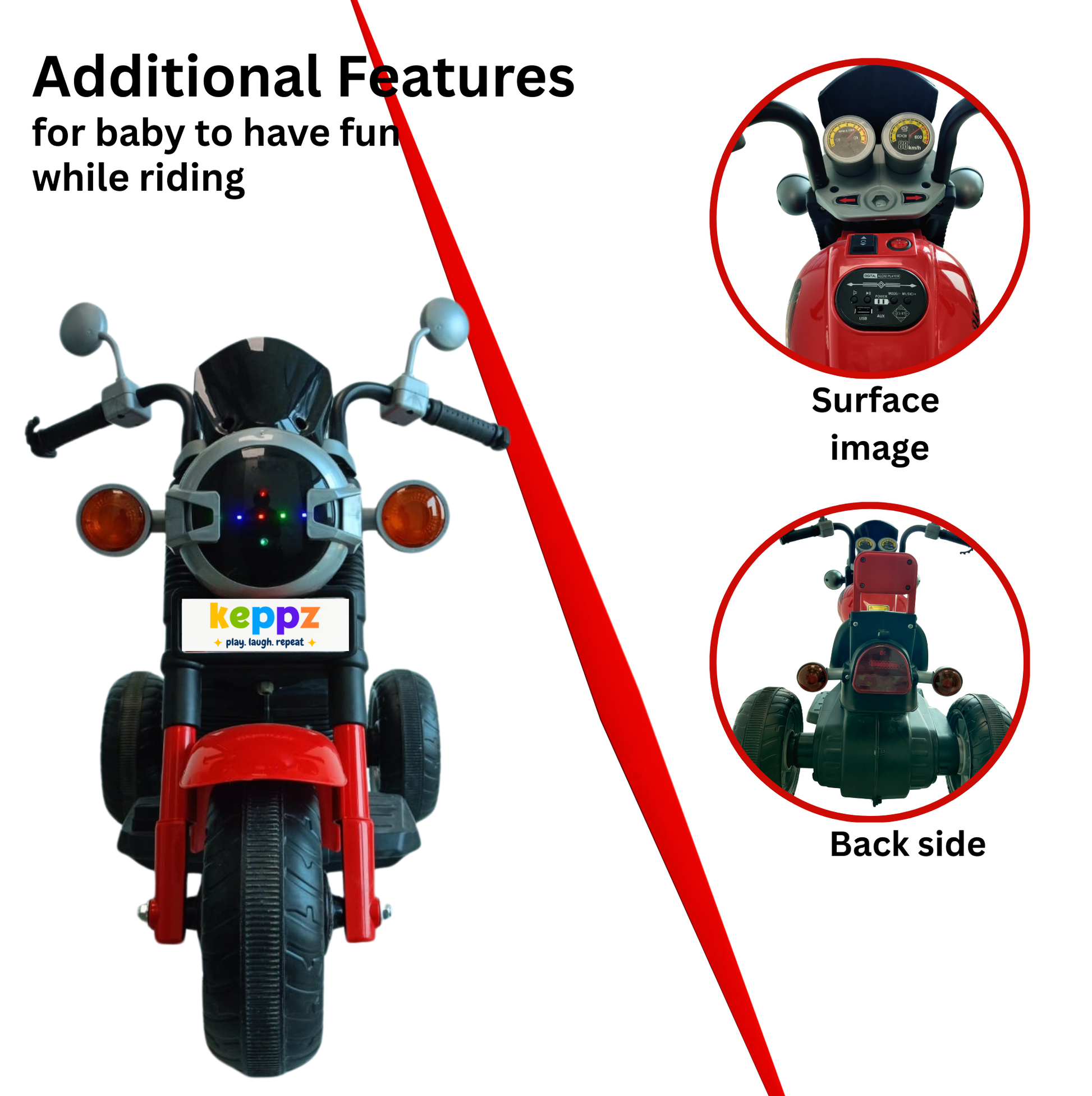 Keppz Red Battery Ride-On Sports Bike – Kids Trike with Lights & Music