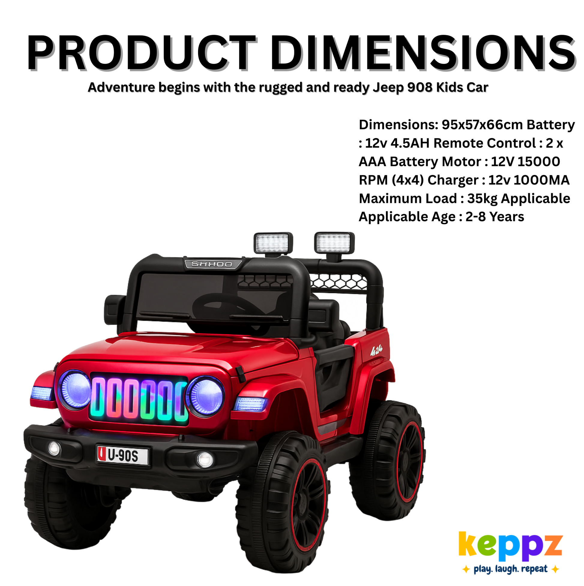 Keepz, Kids Electric Ride-On Jeep 4x4 with Music, Lights & Remote Control. Rechargeable Battery Powered Toy Car - Keppz
