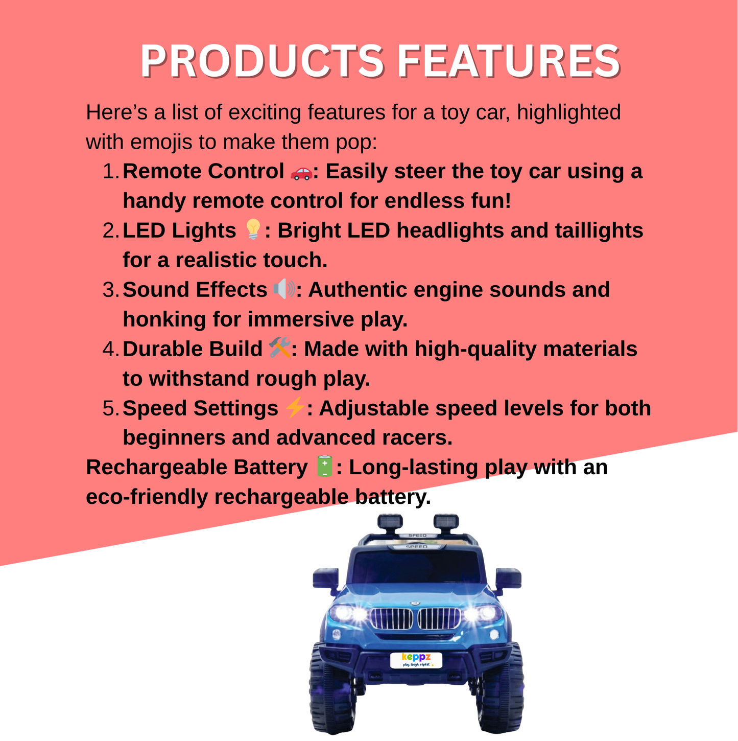 Keppz Battery Operated Ride-On SUV Jeep for Kids with Music, Lights, Remote Control. - Keppz