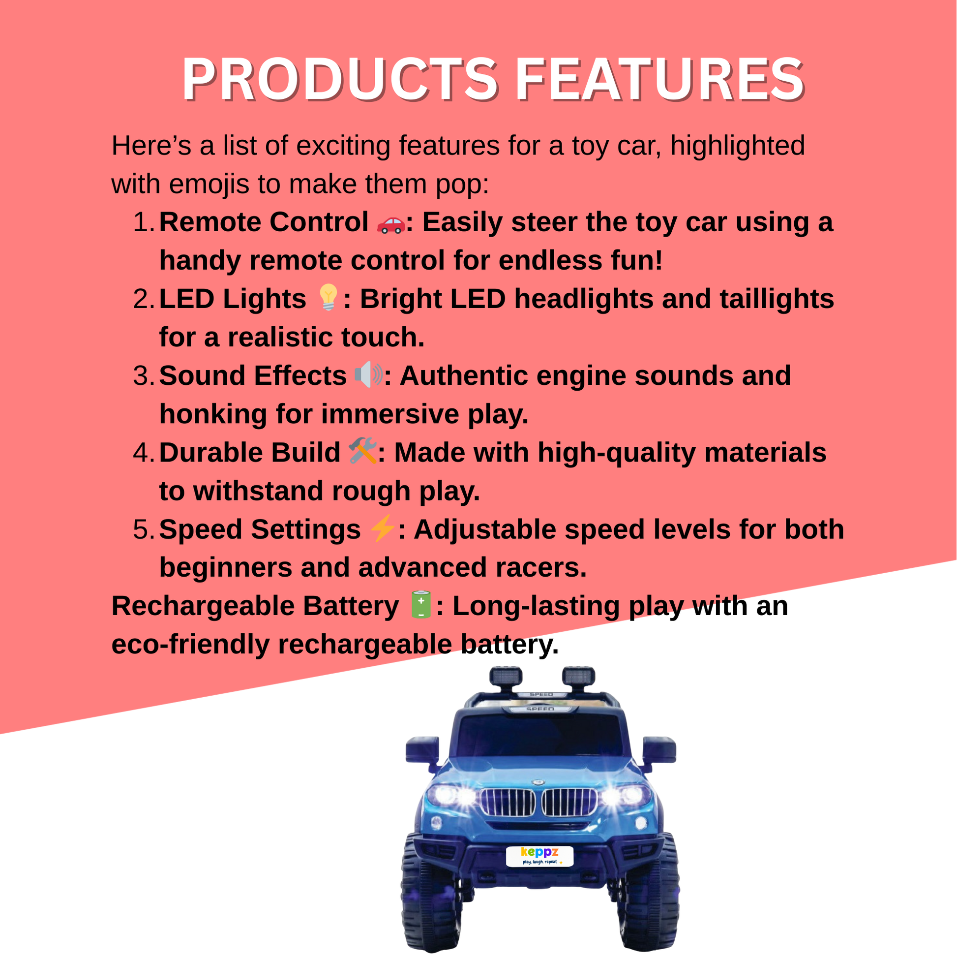 Keppz Battery Operated Ride-On SUV Jeep for Kids with Music, Lights, Remote Control. - Keppz