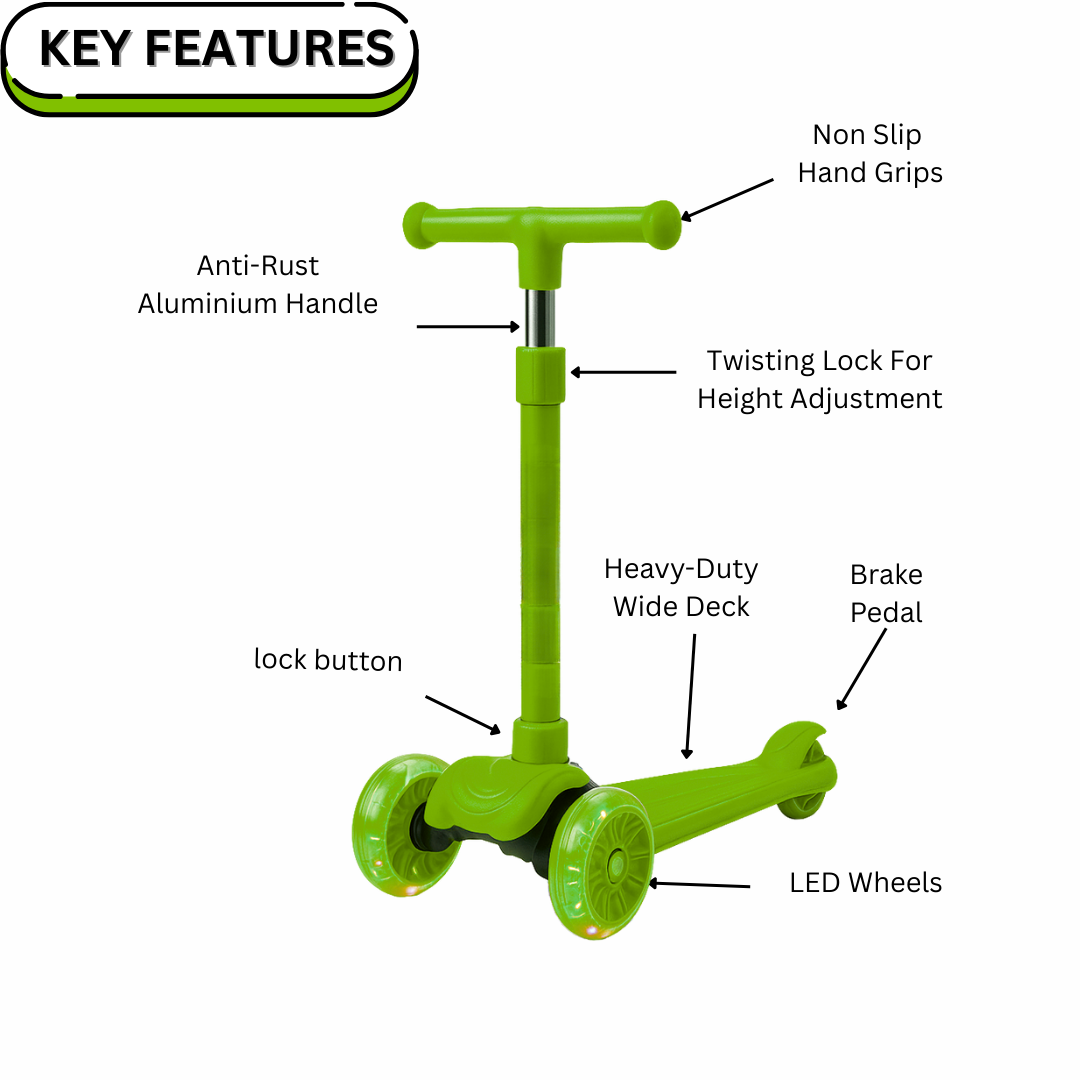 Keppz Kids 3-Wheel LED Scooter with Adjustable Height, Anti-Rust Aluminium Handle, and Brake Pedal. - Keppz