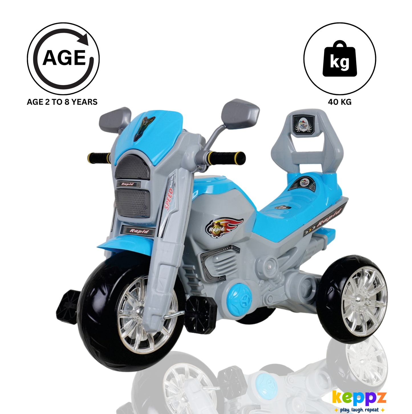 Keppz Rapid Ride-On Battery Operated 3-Wheel Bike for Kids Electric Motorcycle Toy with Lights & Music. - Keppz