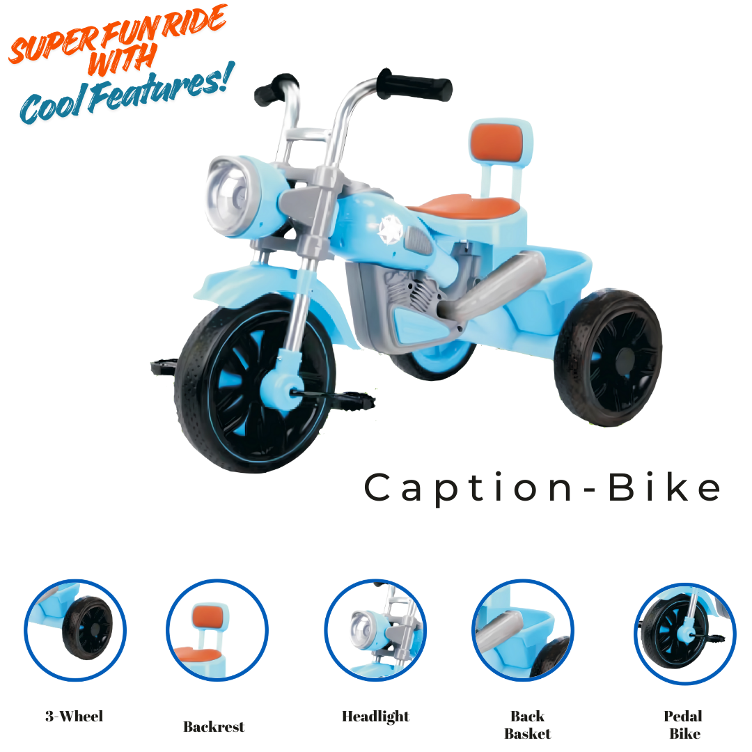 Keppz Kids Ride-On Motorcycle Style Tricycle  Sturdy Blue Pedal Bike with Comfortable Seat & Handle