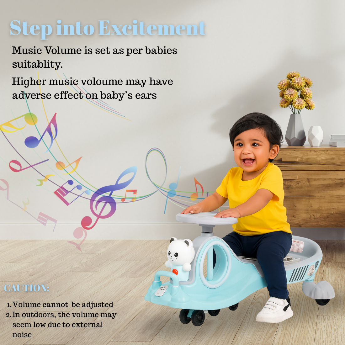 Keppz Musical Twist & Swing Car Ride-On for Kids Push and Pedal-Free Ride with Steering Wheel.