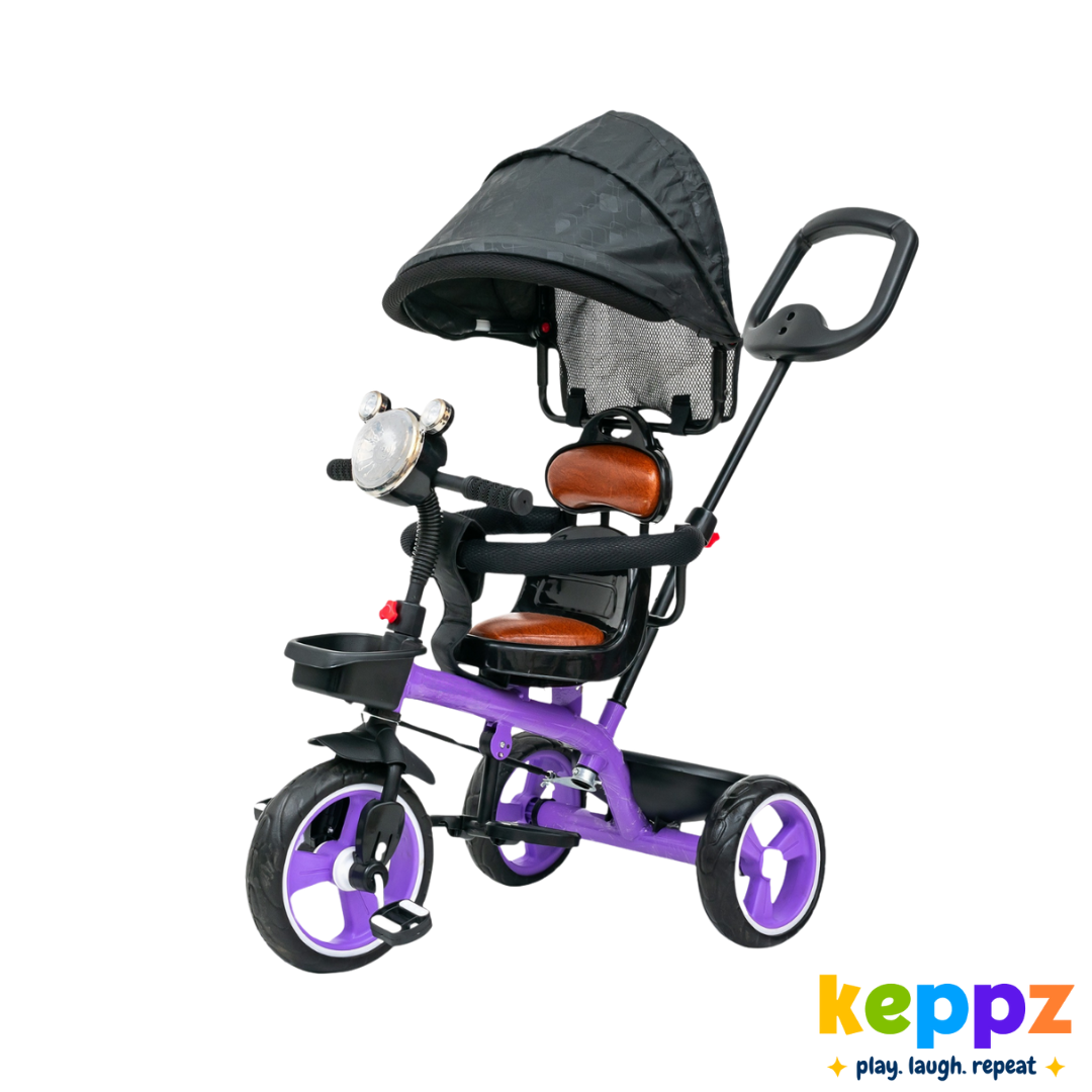 Keppz Premium Kids Tricycle with Canopy & Parent Handle  Foldable Baby Trike for 1.5 Years with Leather Seat & Storage Basket. - Keppz