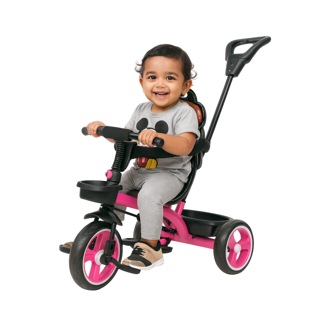 Keppz Baby Tricycle with Push Handle, Leather Seat, Safety Backrest, and Storage Basket  Beige - Keppz