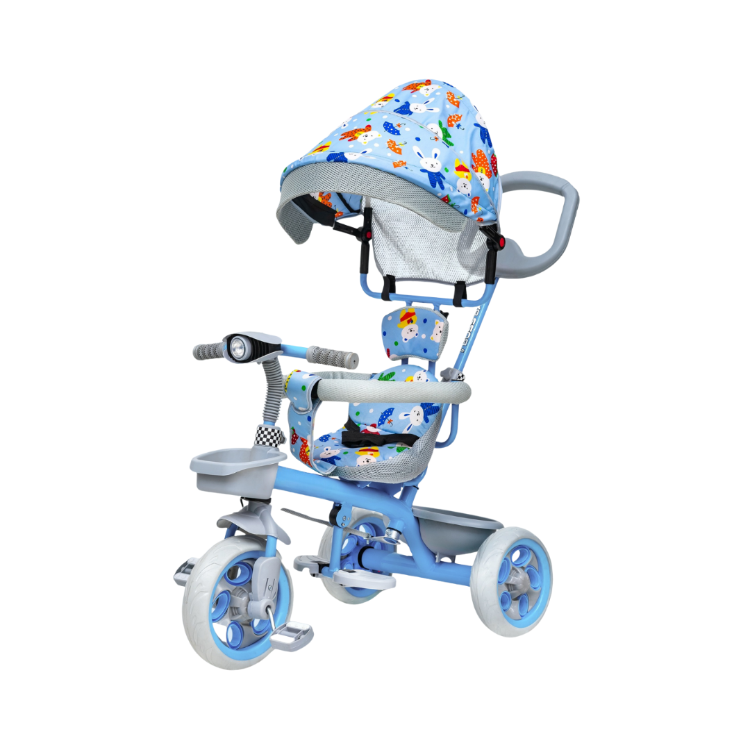 Keppz 4-in-1 Baby Tricycle with Canopy, Parental Handle, Storage Basket, and Safety Harness.