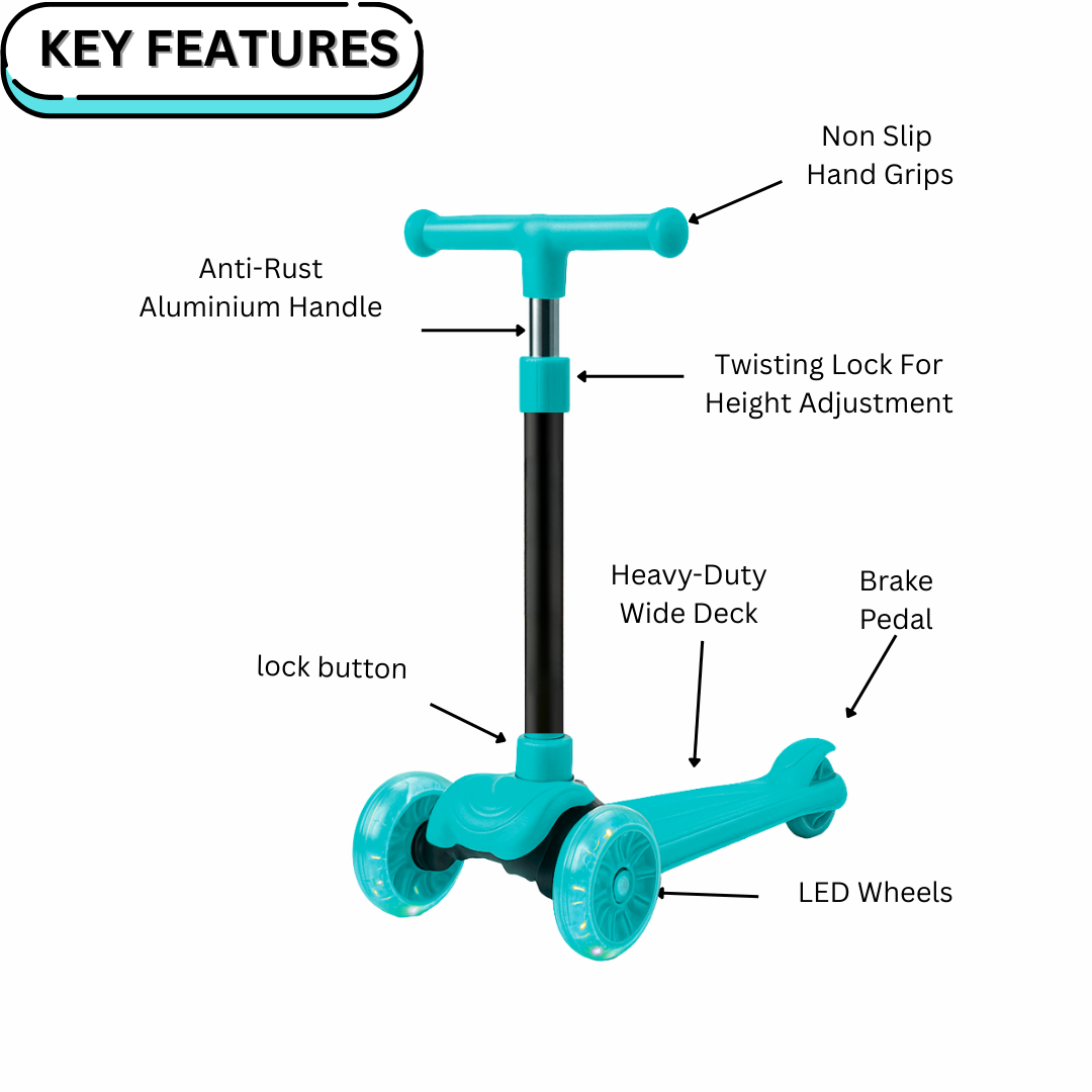 Keppz Kids 3-Wheel LED Scooter with Adjustable Height, Anti-Rust Aluminium Handle, and Brake Pedal. - Keppz