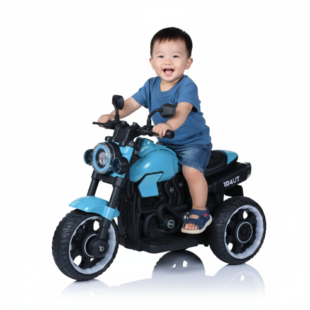 Keppz Modern EV Sport Bike for Kids with Bluetooth Music, Headlights, and Hand Accelerator.