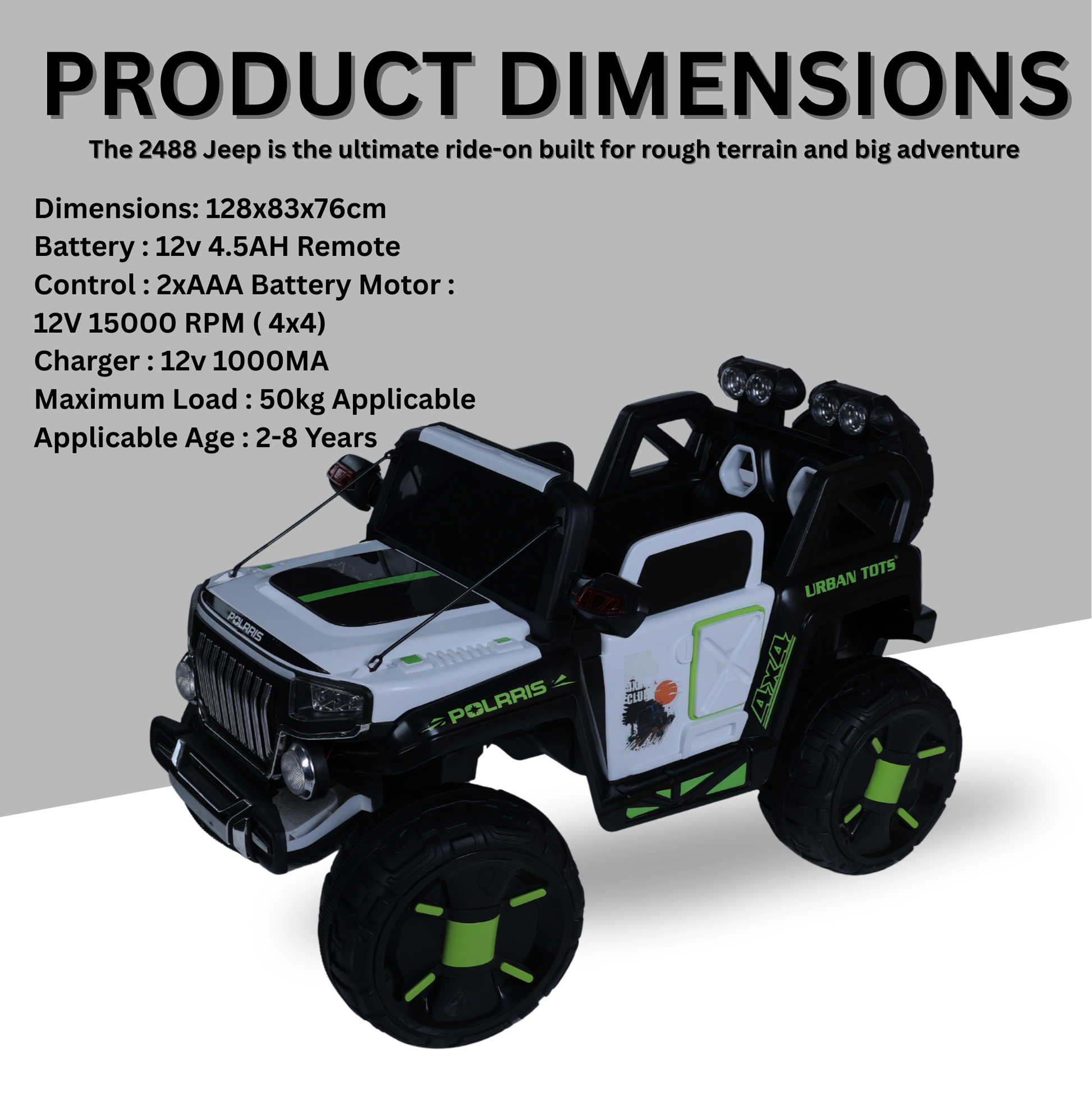 Keppz Polaris 4x4 Kids Ride-On Jeep with LED Lights, Music, and Rechargeable Battery. - Keppz