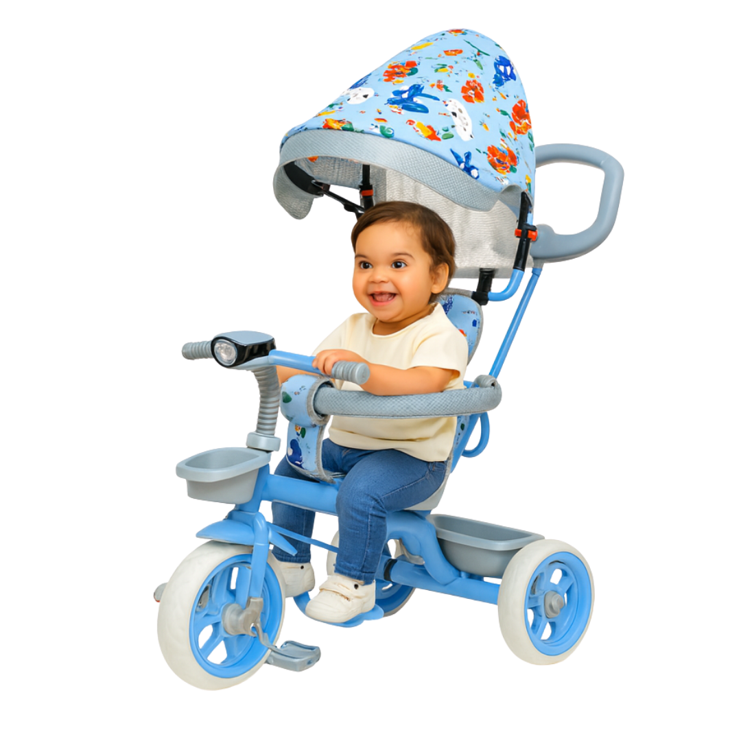 Keppz 4-in-1 Baby Tricycle with Canopy, Parental Handle, Storage Basket, and Safety Harness.