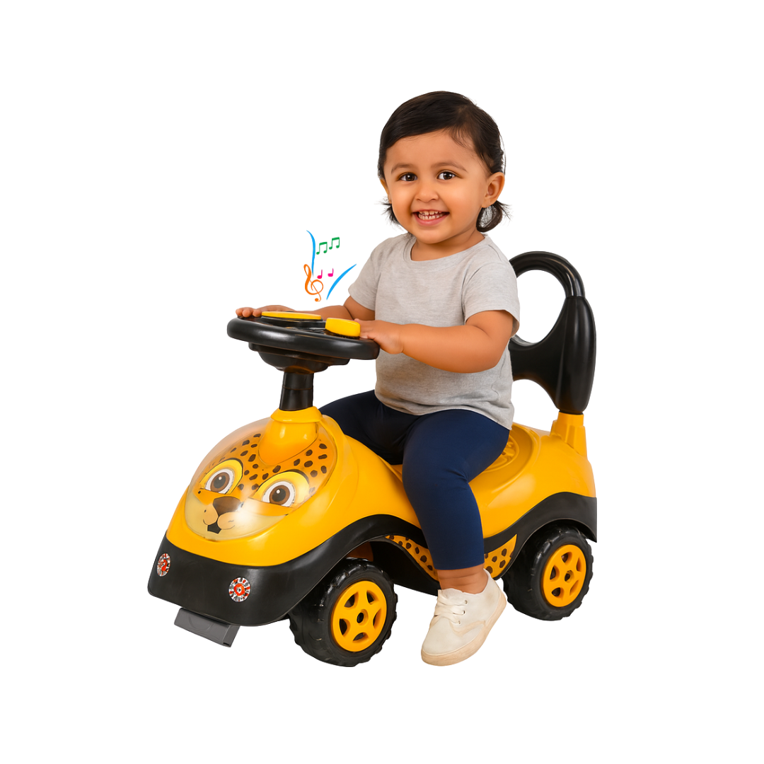 Keppz Musical Push Ride-On Car for Kids Foot-to-Floor Car with Steering Wheel & Backrest.
