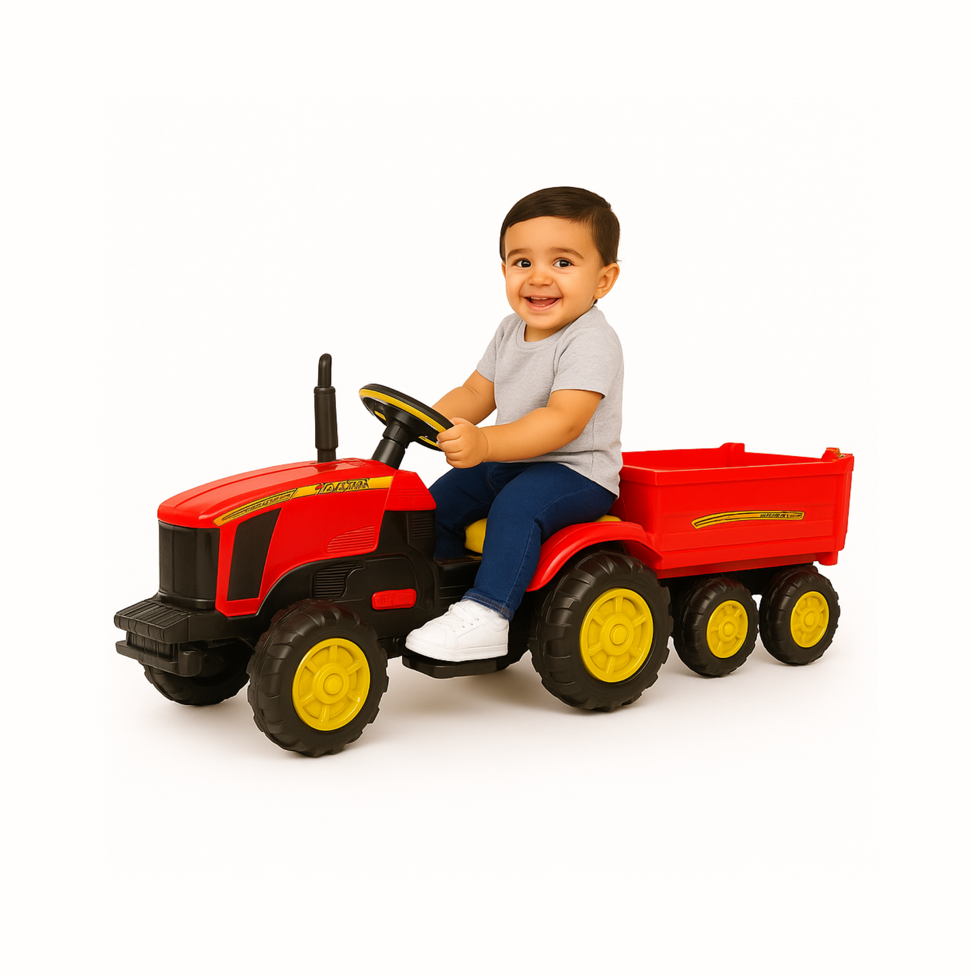 Keppz Kids Ride-On Tractor with Detachable Trailer, Steering Wheel, and Pedal Control. - Keppz