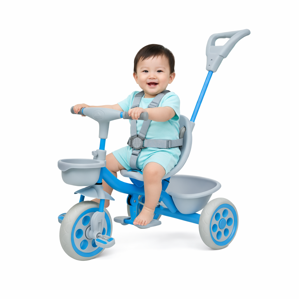 Keppz Compact Kids Tricycle with Push Handle & Seat Belt  Lightweight Baby Trike for 1.5 Years with Storage Basket.