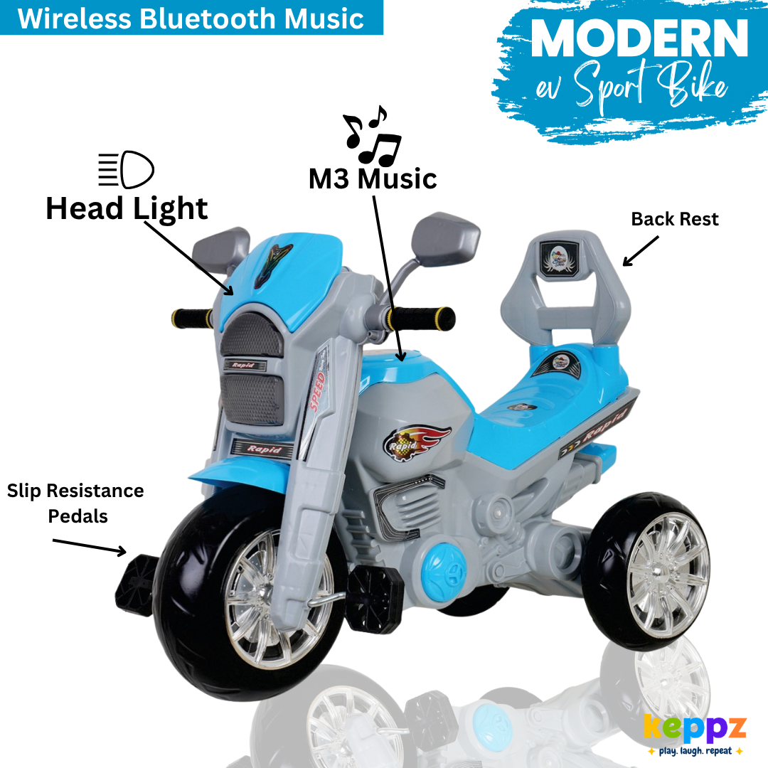 Keppz Rapid Ride-On Battery Operated 3-Wheel Bike for Kids Electric Motorcycle Toy with Lights & Music. - Keppz
