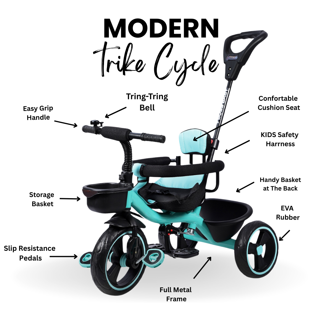 Keppz Cushioned Kids Tricycle with Backrest & Push Handle Baby Trike for 1.5 Years with Storage Basket & Safety Belt - Keppz