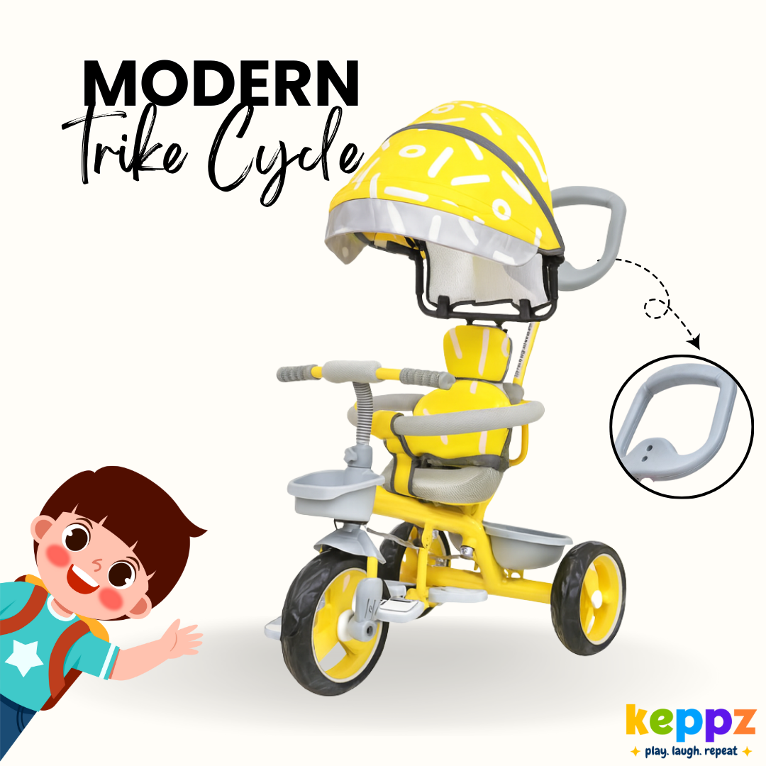 Keppz Stylish Kids Tricycle with Printed Canopy & Safety Belt  Baby Trike with Push Handle & Storage Basket for 1.5 Years. - Keppz