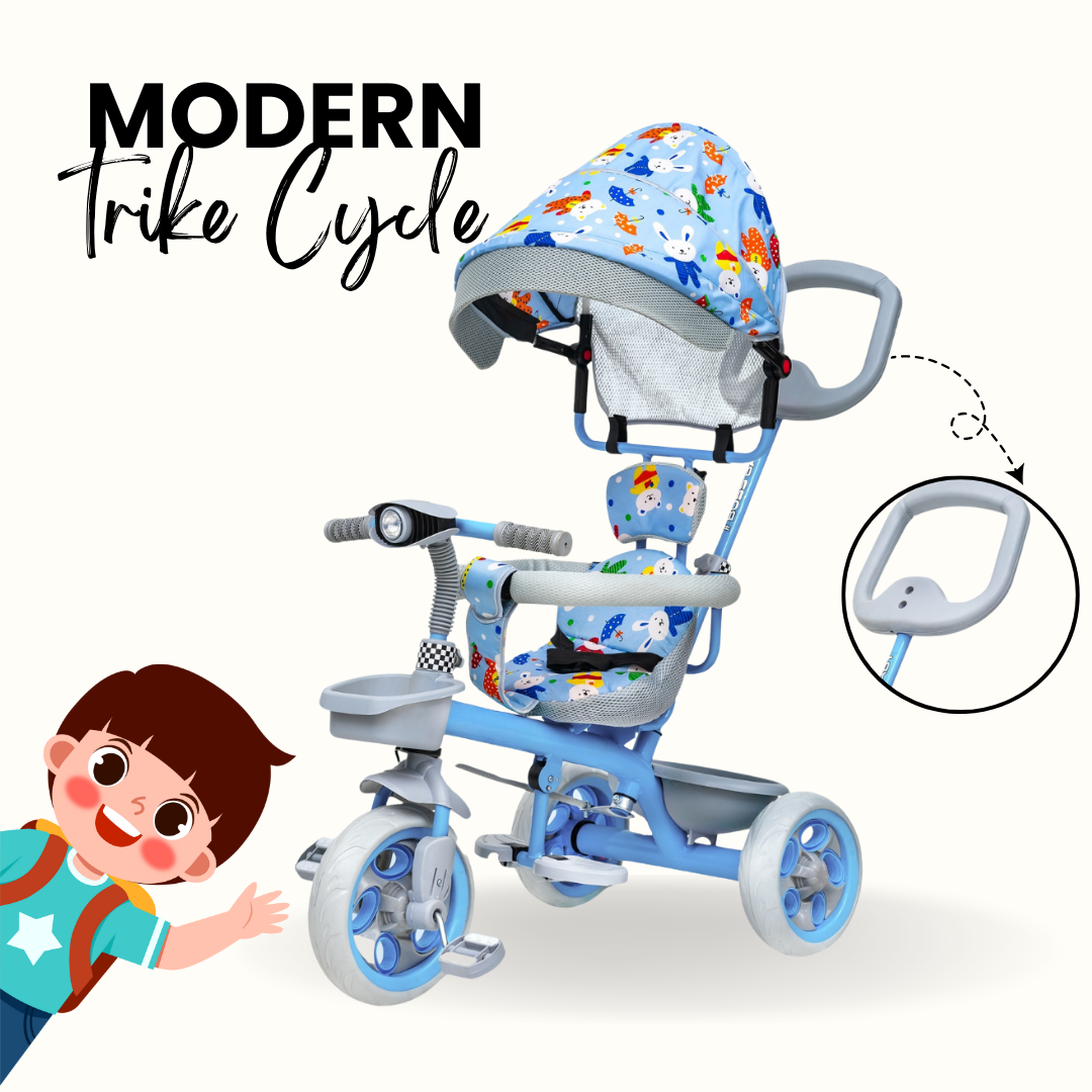 Children's tricycle with colorful seat and cartoon character illustration on a white background