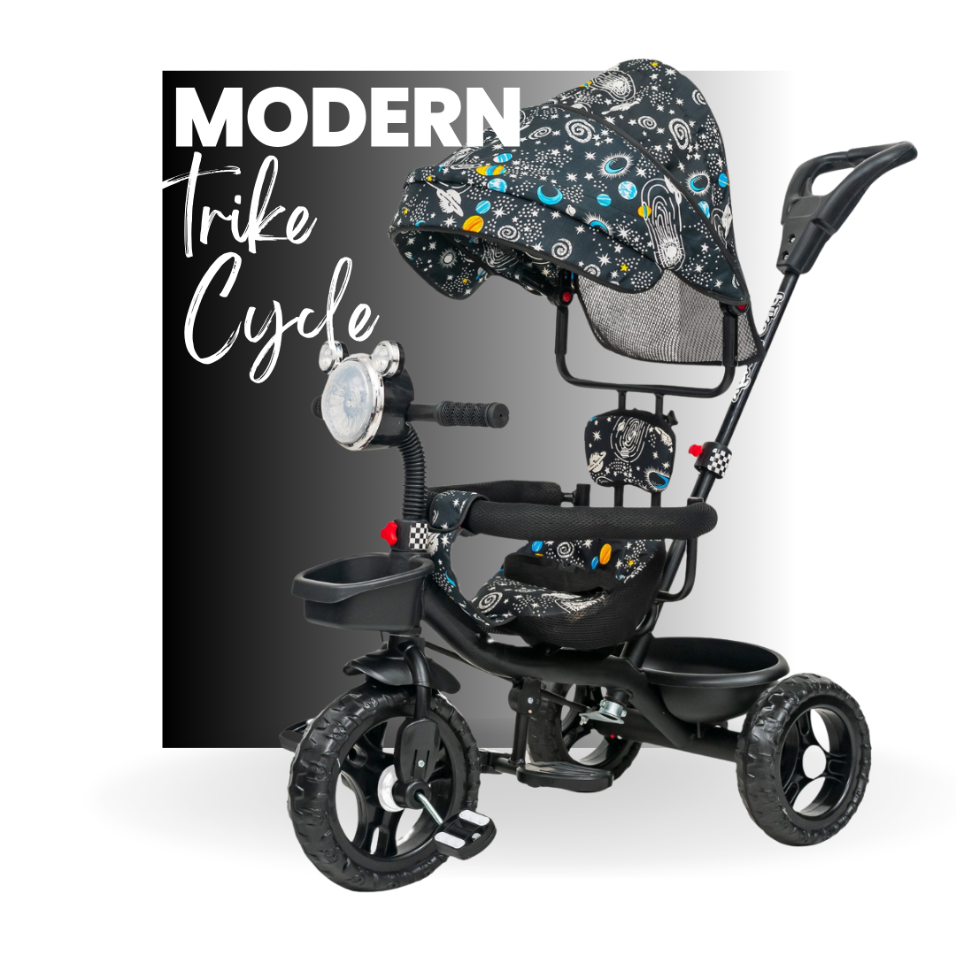Keppz 4-in-1 Baby Tricycle with Headlight, Canopy, Safety Harness, and Push Handle.