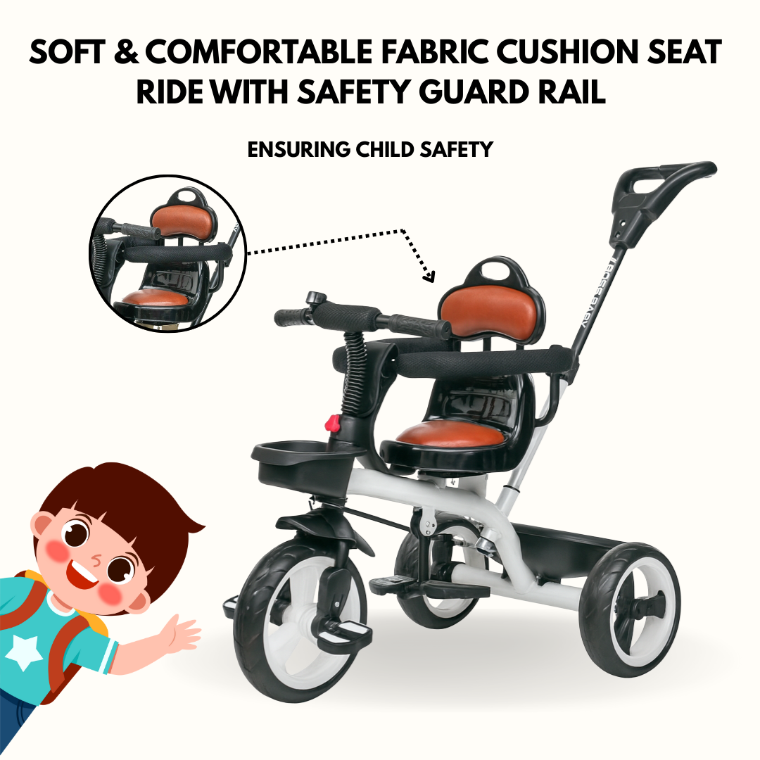 Keppz Baby Tricycle with Push Handle, Leather Seat, Safety Backrest, and Storage Basket  Beige - Keppz