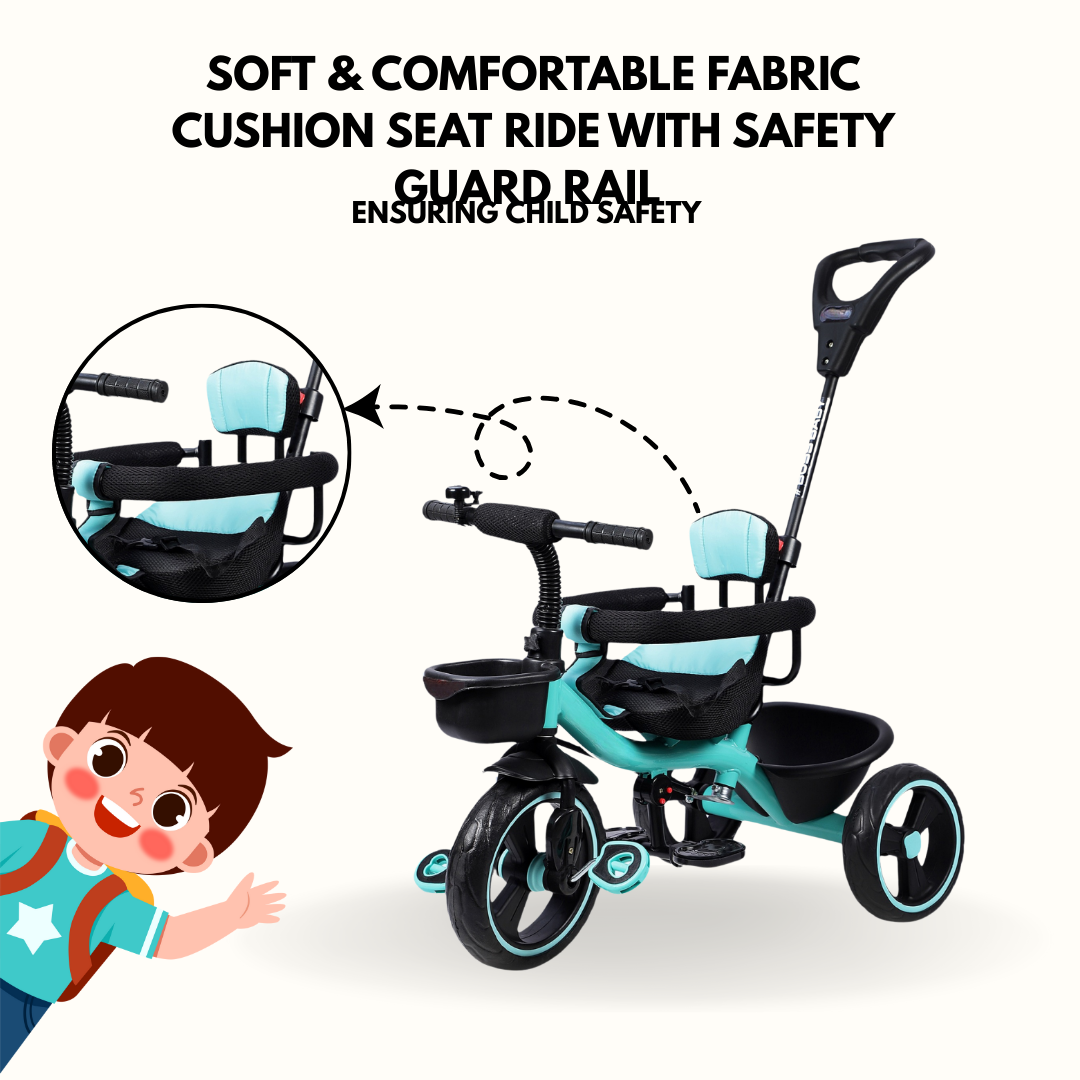 Keppz Cushioned Kids Tricycle with Backrest & Push Handle Baby Trike for 1.5 Years with Storage Basket & Safety Belt - Keppz