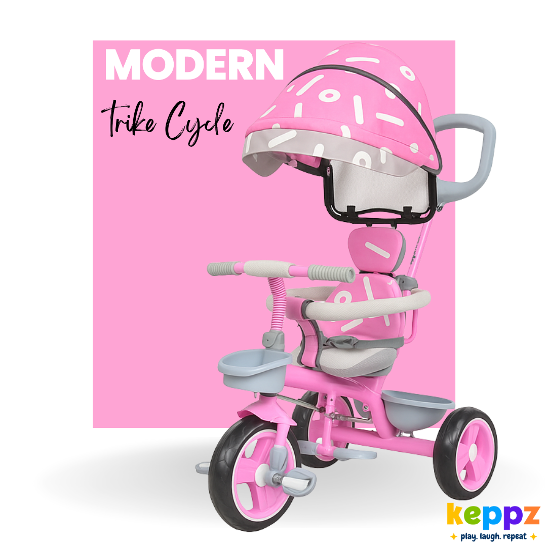 Keppz Stylish Kids Tricycle with Printed Canopy & Safety Belt  Baby Trike with Push Handle & Storage Basket for 1.5 Years. - Keppz