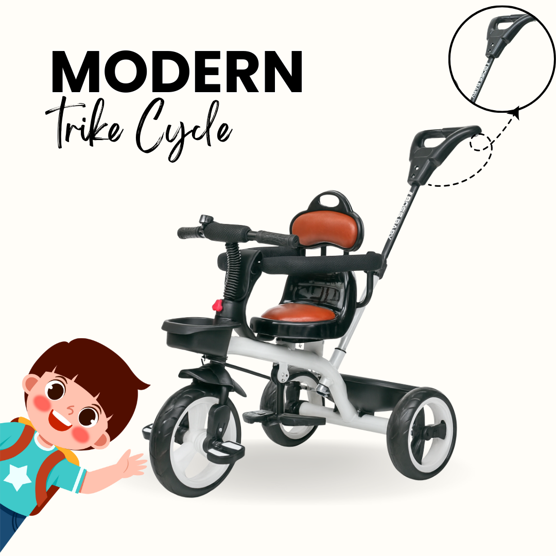 Keppz Baby Tricycle with Push Handle, Leather Seat, Safety Backrest, and Storage Basket  Beige - Keppz