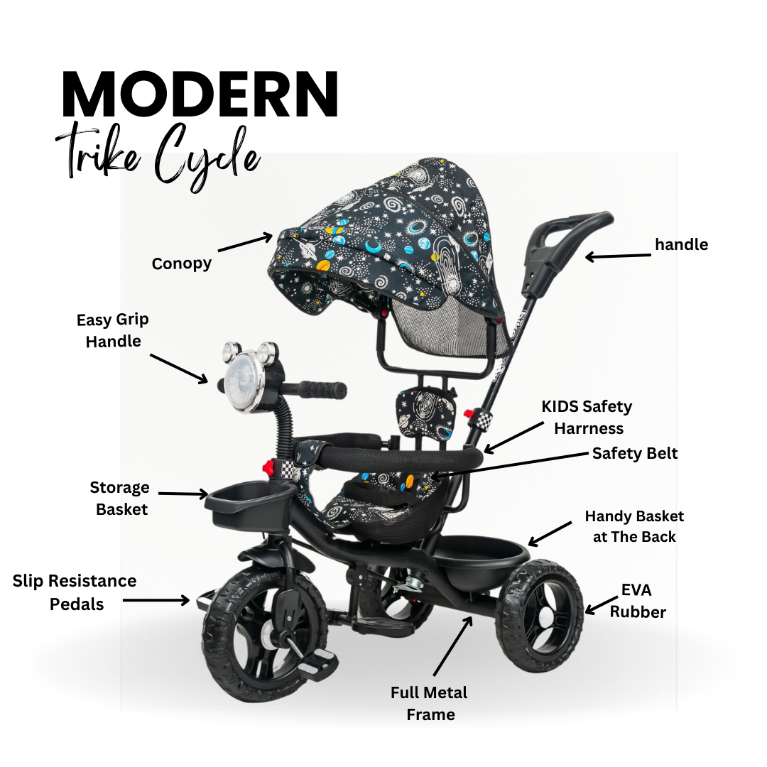 Keppz 4-in-1 Baby Tricycle with Headlight, Canopy, Safety Harness, and Push Handle.