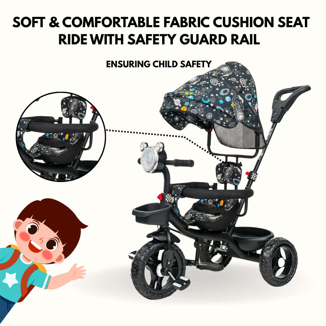 Keppz 4-in-1 Baby Tricycle with Headlight, Canopy, Safety Harness, and Push Handle.
