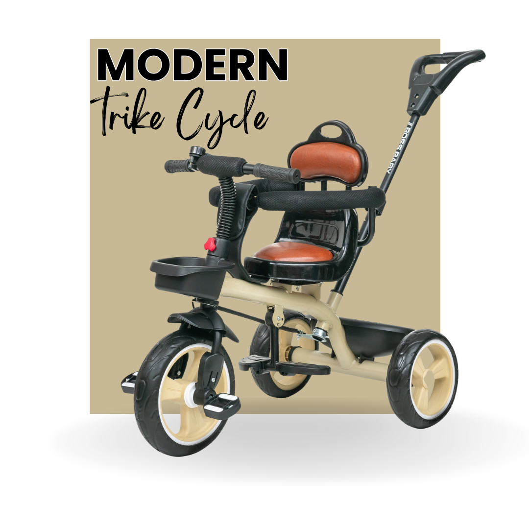 Keppz Baby Tricycle with Push Handle, Leather Seat, Safety Backrest, and Storage Basket  Beige - Keppz