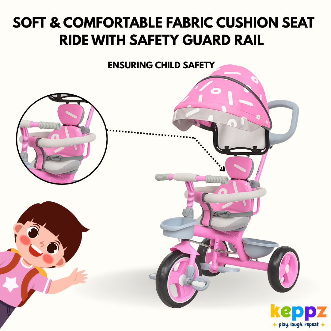 Keppz Stylish Kids Tricycle with Printed Canopy & Safety Belt  Baby Trike with Push Handle & Storage Basket for 1.5 Years. - Keppz