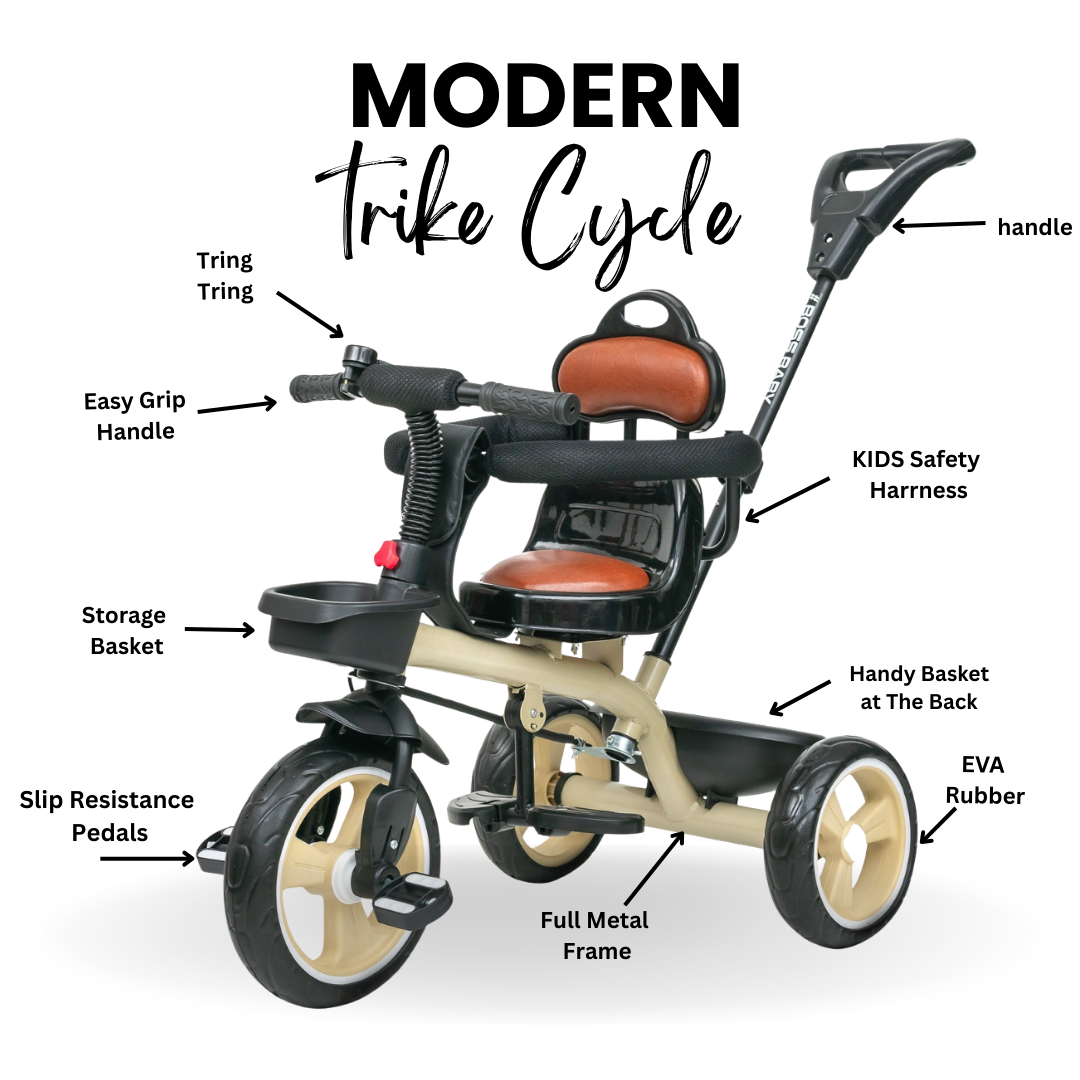 Keppz Baby Tricycle with Push Handle, Leather Seat, Safety Backrest, and Storage Basket  Beige - Keppz