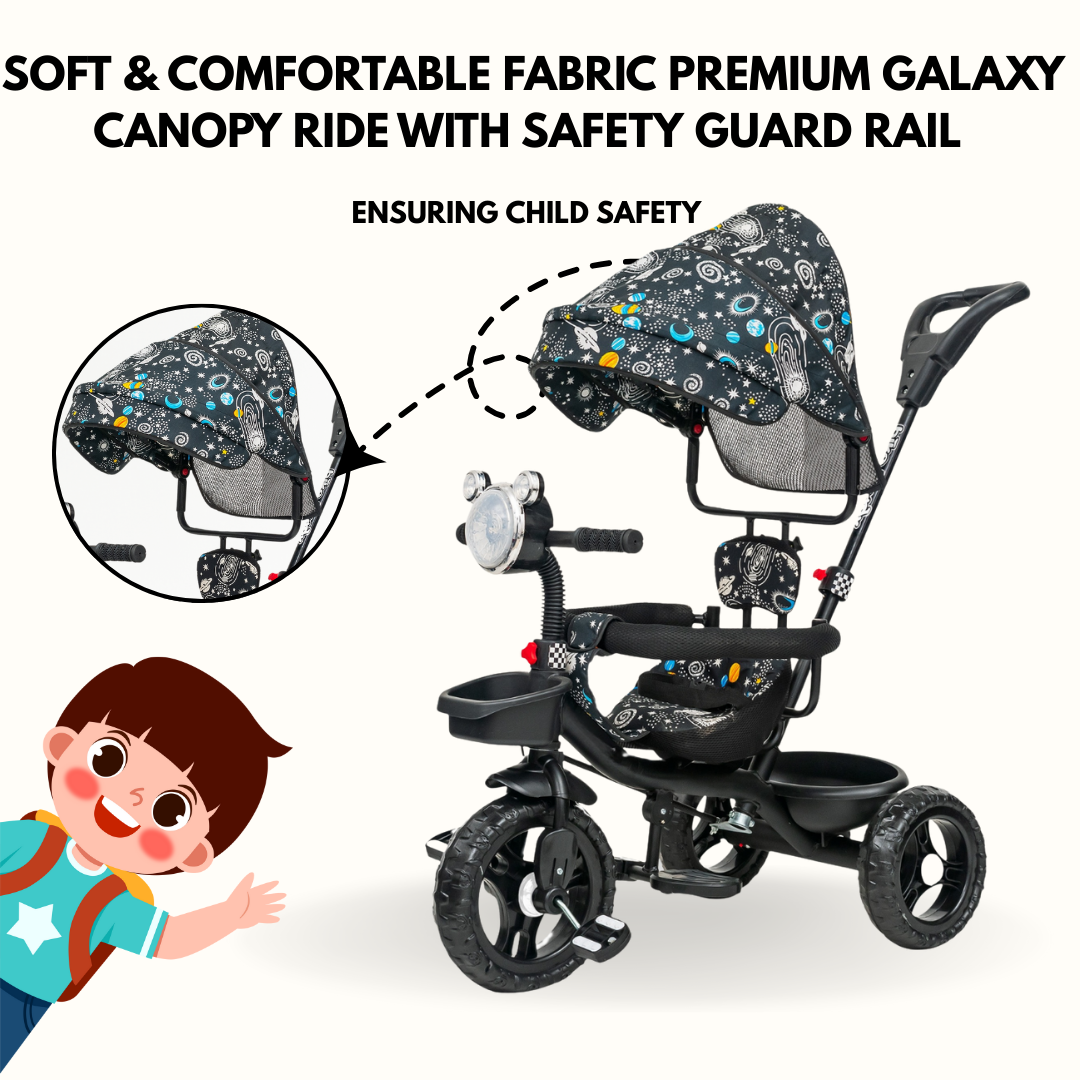 Keppz 4-in-1 Baby Tricycle with Headlight, Canopy, Safety Harness, and Push Handle.