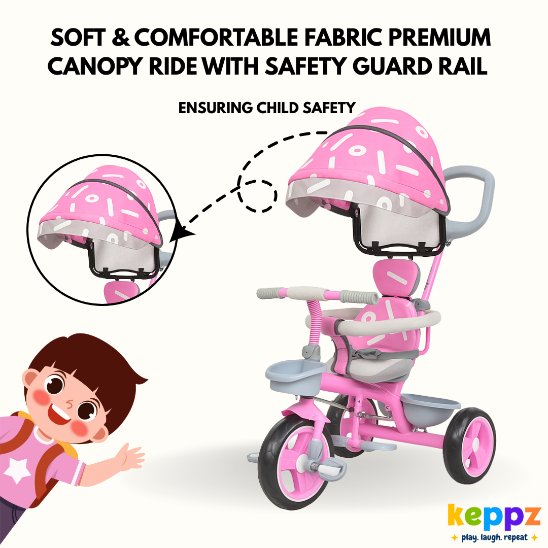 Keppz Stylish Kids Tricycle with Printed Canopy & Safety Belt  Baby Trike with Push Handle & Storage Basket for 1.5 Years. - Keppz