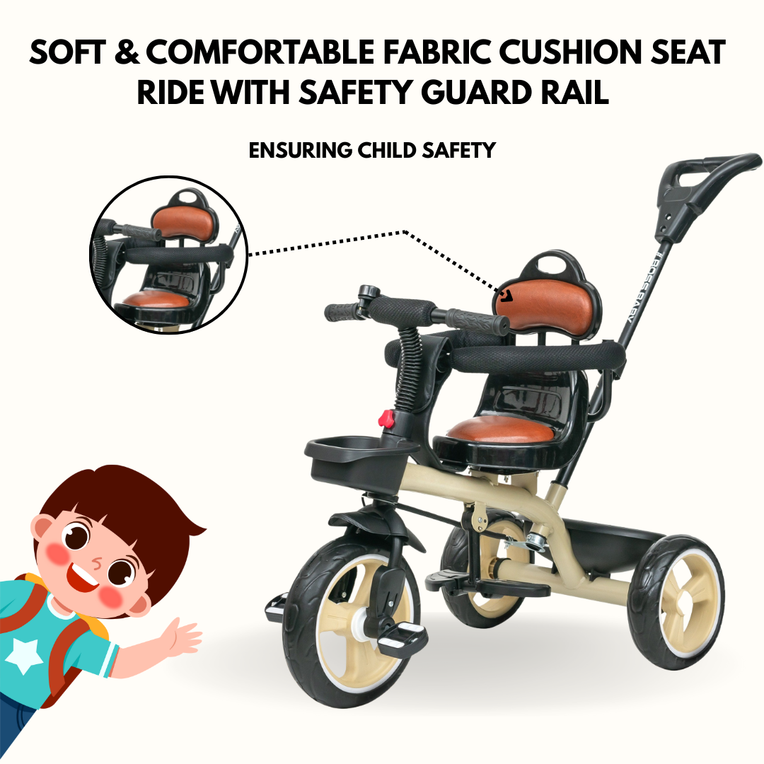 Keppz Baby Tricycle with Push Handle, Leather Seat, Safety Backrest, and Storage Basket  Beige - Keppz