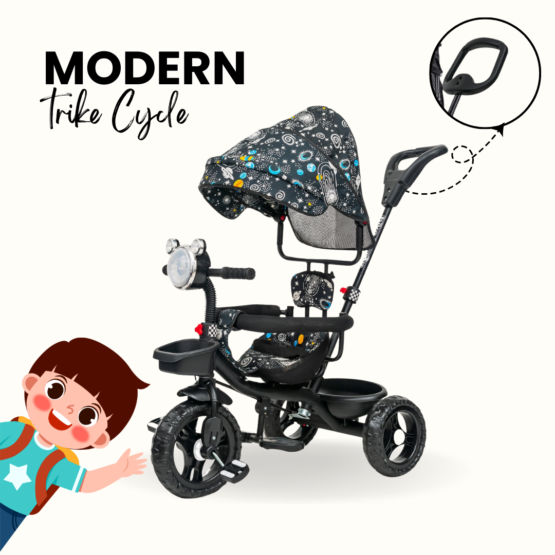 Keppz 4-in-1 Baby Tricycle with Headlight, Canopy, Safety Harness, and Push Handle.