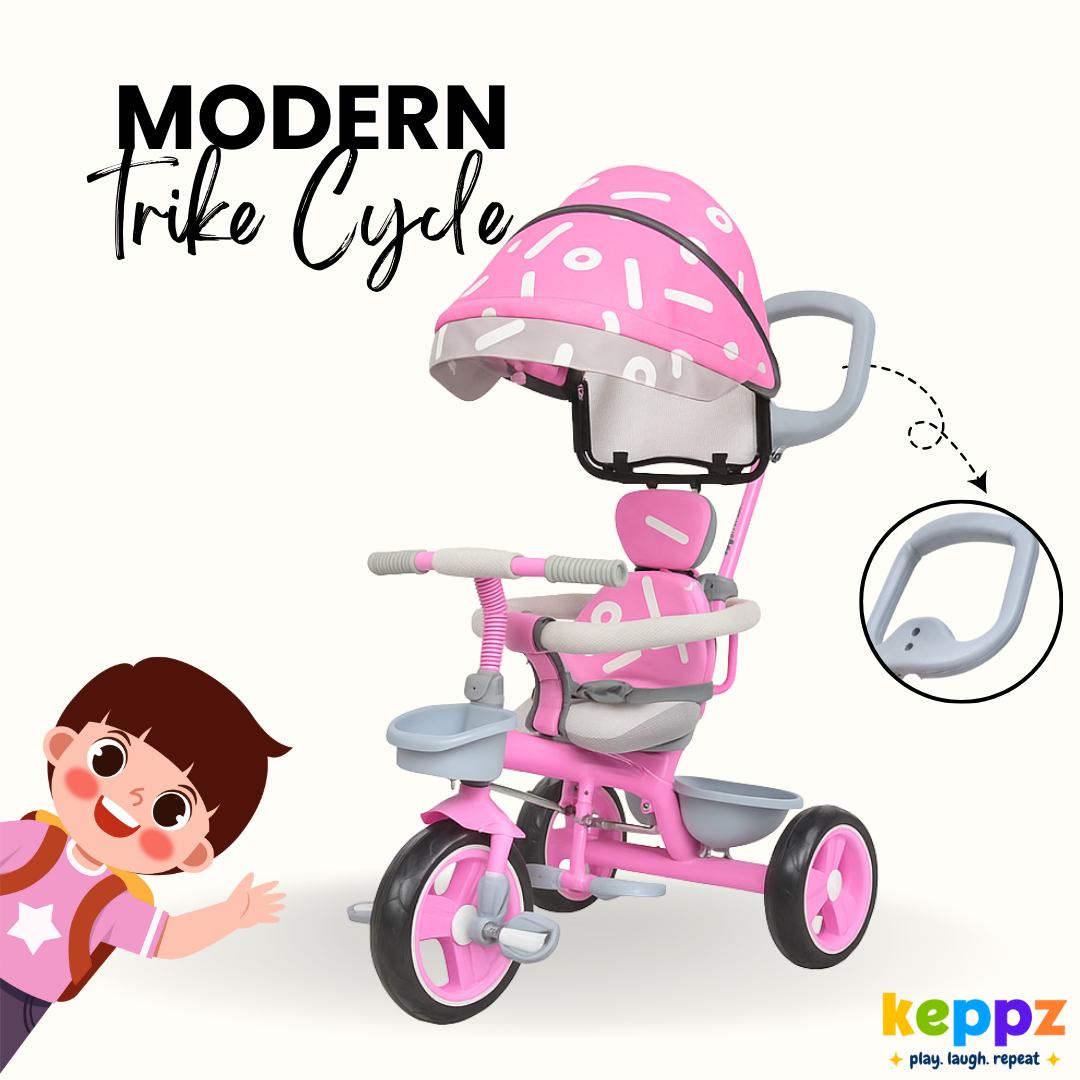 Keppz Stylish Kids Tricycle with Printed Canopy & Safety Belt  Baby Trike with Push Handle & Storage Basket for 1.5 Years. - Keppz