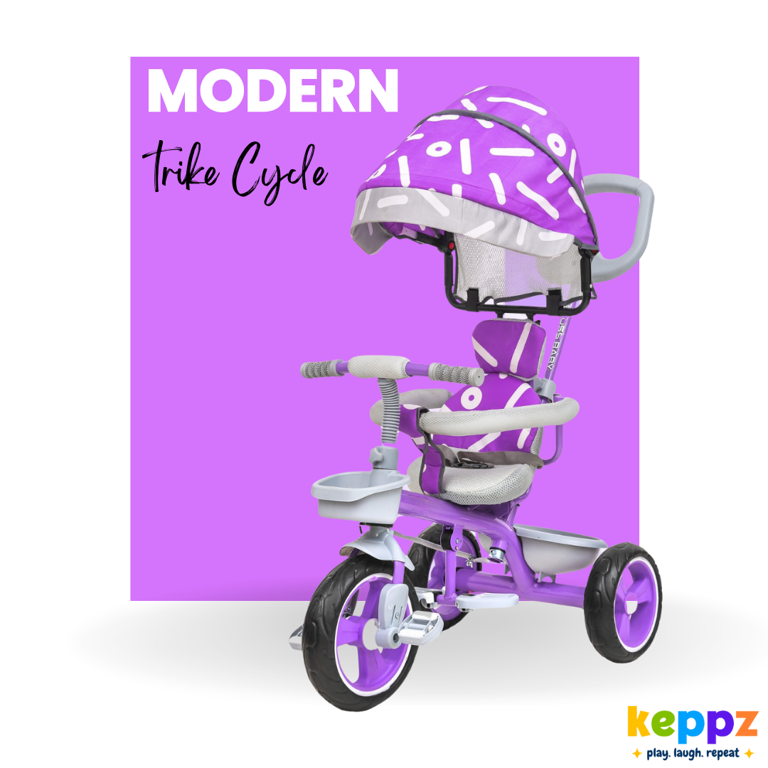 Keppz Stylish Kids Tricycle with Printed Canopy & Safety Belt  Baby Trike with Push Handle & Storage Basket for 1.5 Years. - Keppz