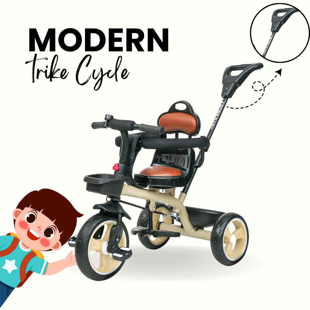 Keppz Baby Tricycle with Push Handle, Leather Seat, Safety Backrest, and Storage Basket  Beige - Keppz