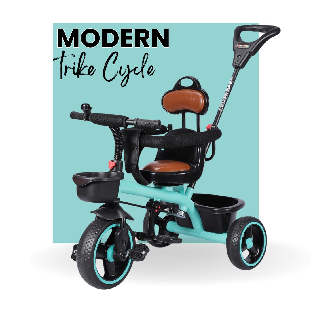 Keppz Baby Tricycle with Push Handle, Leather Seat, Safety Backrest, and Storage Basket  Beige - Keppz